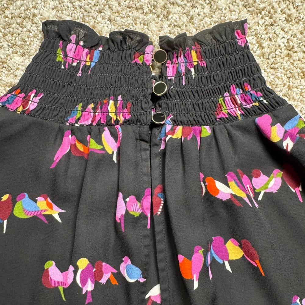 Kate Spade New York Womens Size S Bird Print Smocked High Neck Blouse Black - Picture 11 of 14